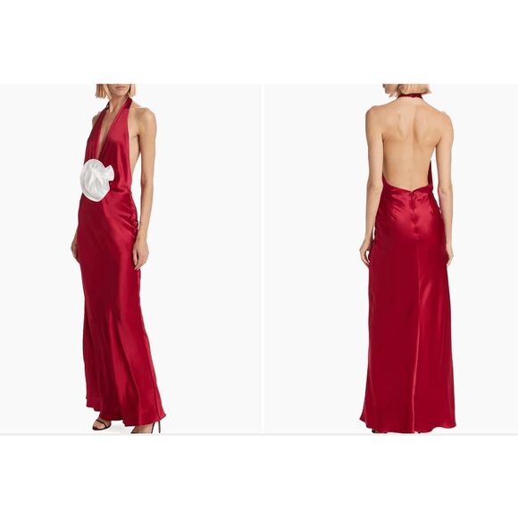 The Bar Grayson Rosette Halter Gown Chianti Size 8 $568 - Picture 2 of 10